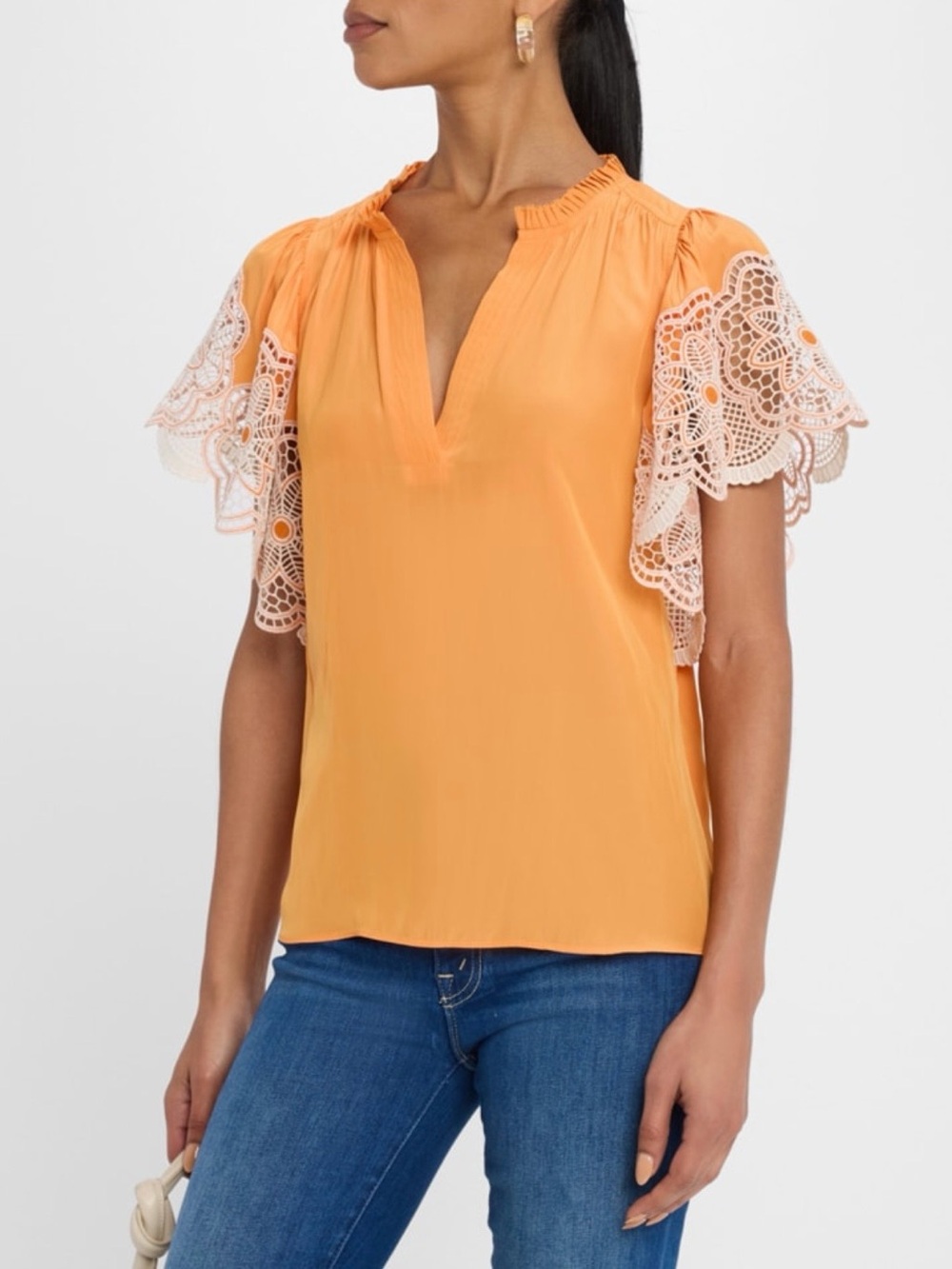 Lace Flutter Sleeve Split-Neck Top - Orange
